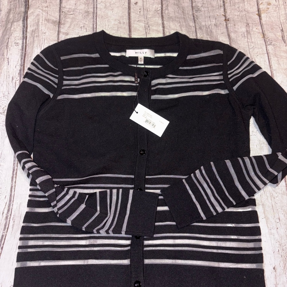 NWT! Milly invisible stripe black cardigan petite - Picture 2 of 4
